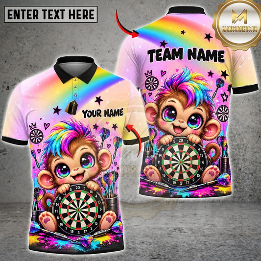 Maxcorners Darts Cute Monkey Mascot Rainbow Sparkles Target Board Graphic Customized Name, Team Name 3D Shirts
