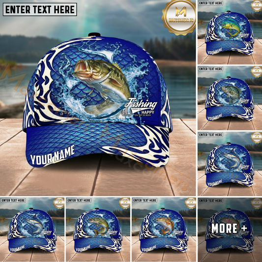 Maxcorners Fishing Scale Pattern Ocean Wave Style Personalized Name Classic 3D Cap (9 Breeds)