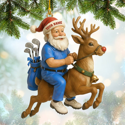Maxcorners Blue Personalized Golf Santa Ornament â€“ Custom Name Christmas Ornament â€“ Funny Golf Xmas Gift for Players, Santa Riding Reindeer Tree Decoration MT1611