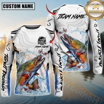 Maxcorners Trout Fishing White Black Curve Pattern Design Custom Name & Team Name 3D Shirts