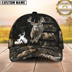 Maxcorners Hunting Running Deer Dark Forest Camo White Silhouette Custom Name 3D Cap