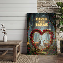 Maxcorners Enchanted Deer Couple Rose Heart Woodland Personalized Name Canvas