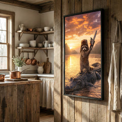 Maxcorners Raccoon Standing on Alligator with Chainsaw Golden Sunset Canvas Wall Art