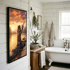 Maxcorners Raccoon Standing on Alligator with Chainsaw Golden Sunset Canvas Wall Art