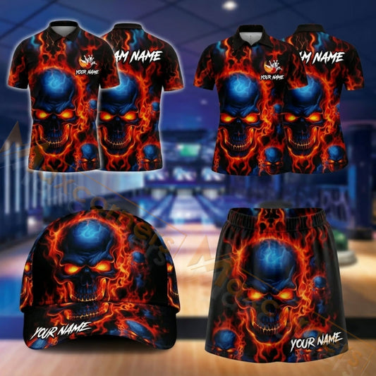 Maxcorners Bowling Red Blue Flaming Bowling Ball Design Personalized Team Sportswear Set - Polo Shirt, Cap & Skorts