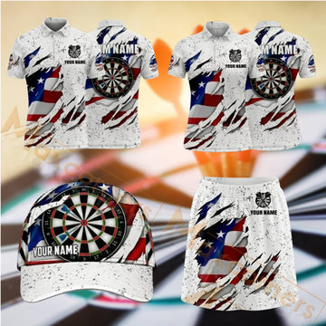 Maxcorners Darts American Eagle Patriotic Dartboard Design Personalized Team Sportswear Set - Polo Shirt, Cap & Skorts