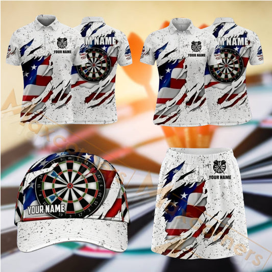 Maxcorners Darts American Eagle Patriotic Dartboard Design Personalized Team Sportswear Set - Polo Shirt, Cap & Skorts