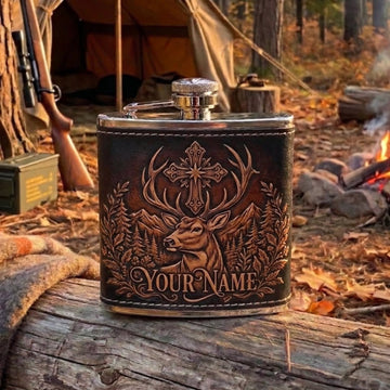 Maxcorners Hunting Rustic Deer Antler Floral Emblem Personalized Name 3D Hip Flask
