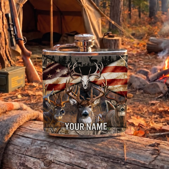 Maxcorners Hunting Patriotic Deer US Flag Design Personalized Name 3D Hip Flask