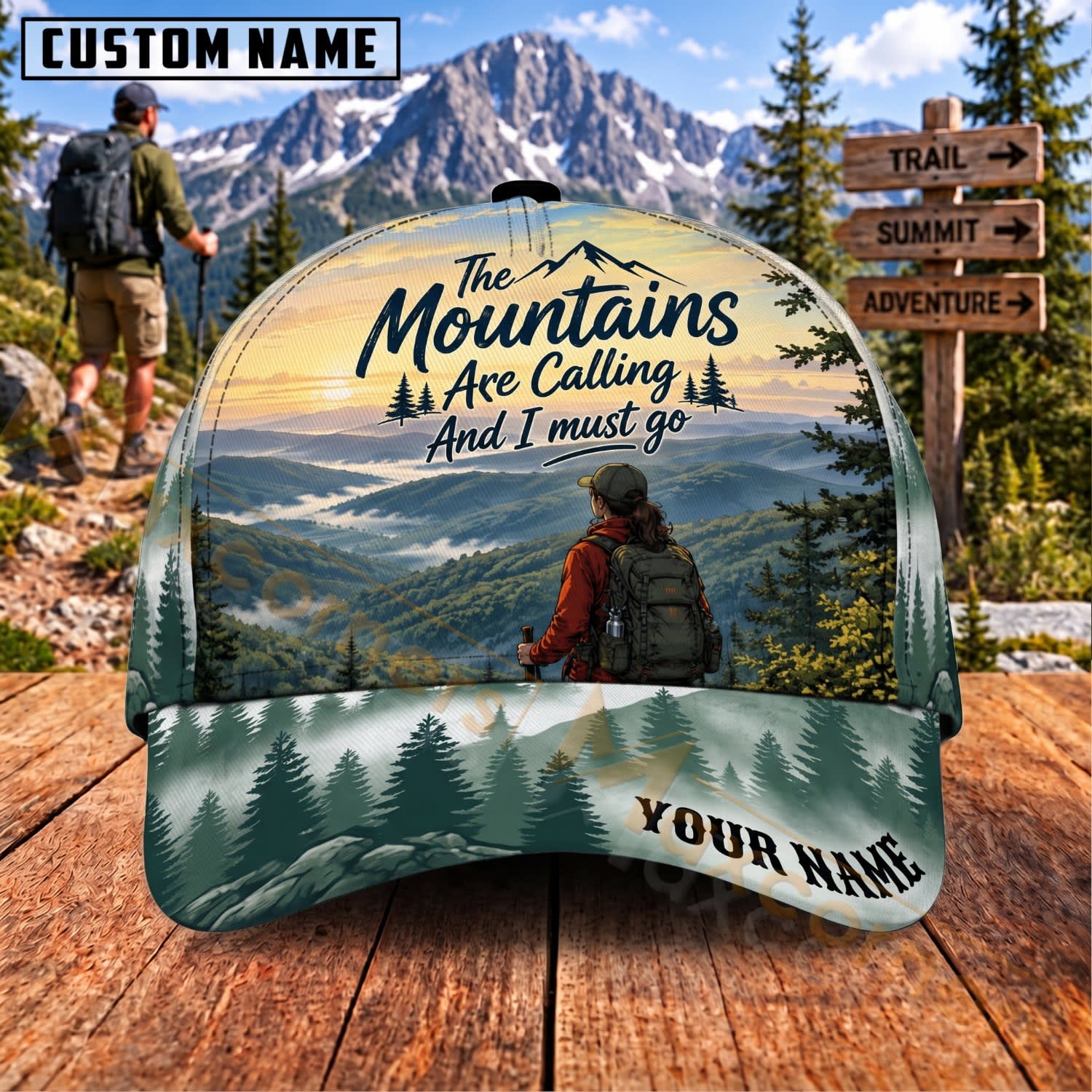 Maxcorners Hiking Mountains Are Calling Scenic Trail Personalized Name 3D Cap