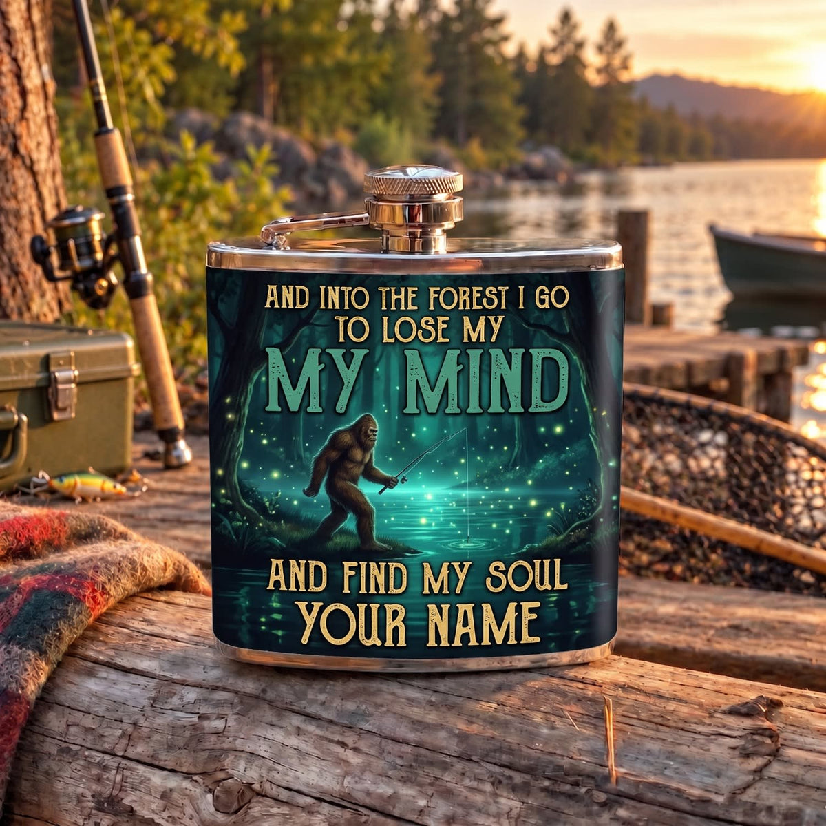 Maxcorners Fishing Forest Fishing Quote Night Scene Personalized Name 3D Hip Flask