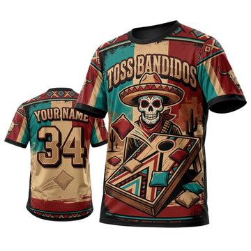 Maxcorners Cornhole Toss Banditos Western Skull Personalized Name 3D Unisex Shirt
