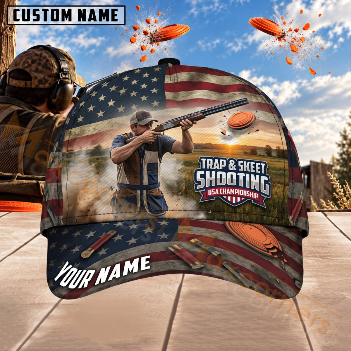 Maxcorners Trap & Skeet Shooting American Flag Mountain Range Personalized Name 3D Cap