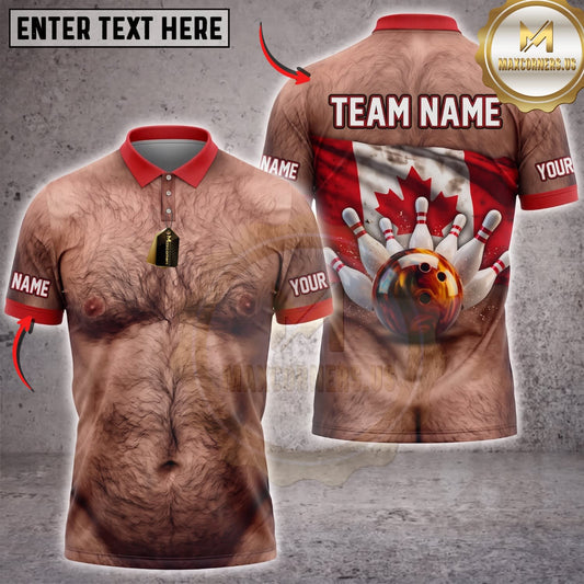 Maxcorners Bowling Funny Hairy Chest Red Accent Bowling Ball Pins Personalized Name 3D Unisex Shirt