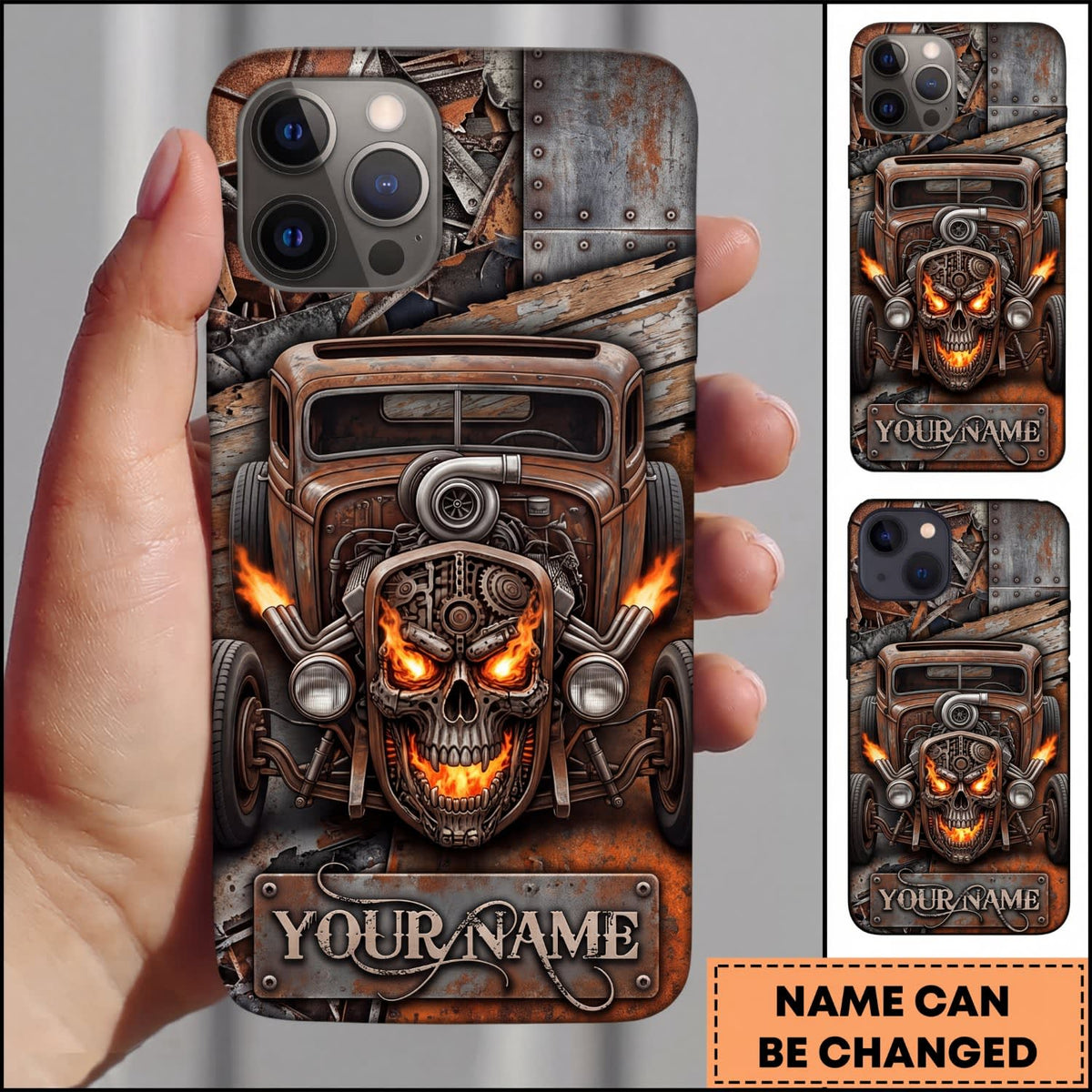 Maxcorners Hot Rod Flaming Skull and Rusty Engine Design Personalized Name 3D Phone Case