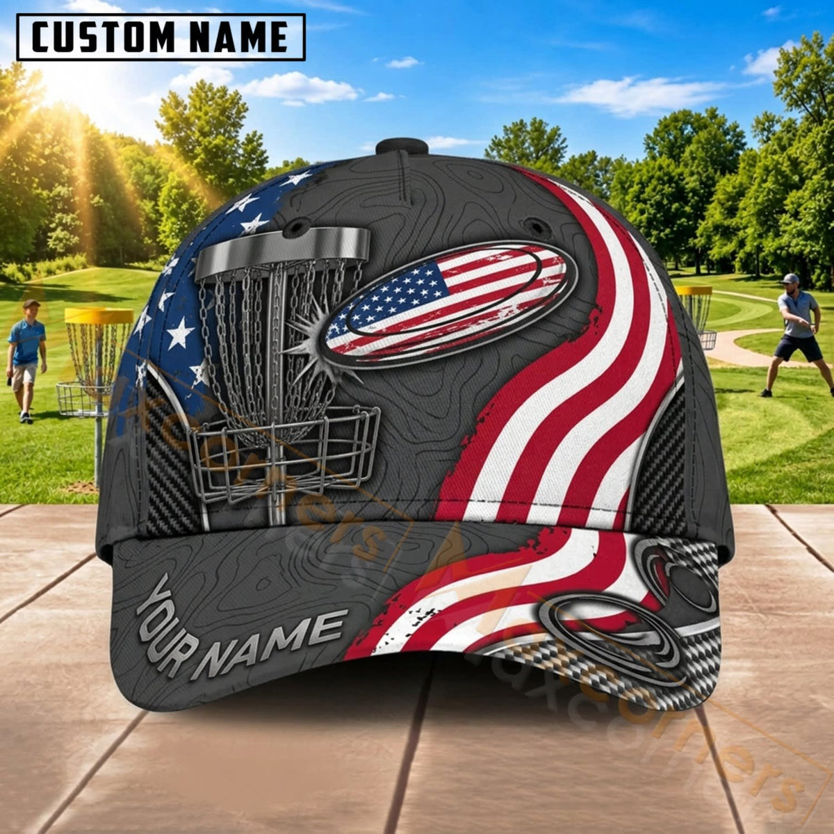 Maxcorners Disc Golf American Flag Chain Basket Personalized Name 3D Cap