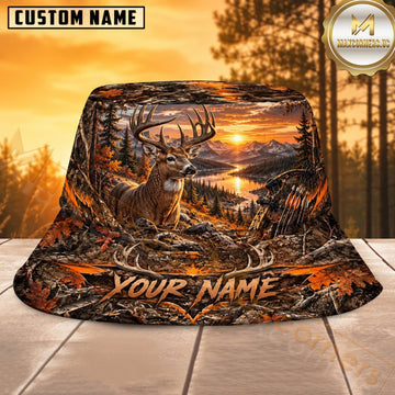 Maxcorners Deer Hunting Orange Sunset Wilderness Personalized Name 3D Bucket Hat
