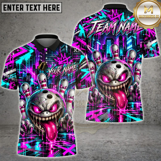 Maxcorners Bowling Neon Purple Crazy Bowling Ball Monster Personalized Name 3D Unisex Shirt