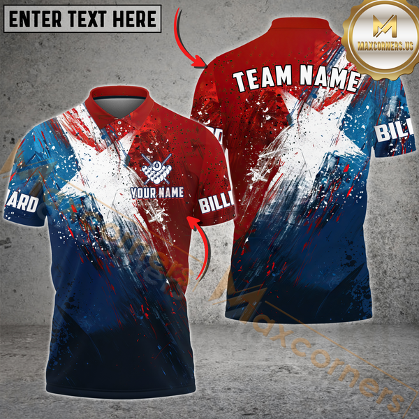 Maxcorners Texas Flag Billiard Jersey Customized Name, Team Name 3D Polo Shirt