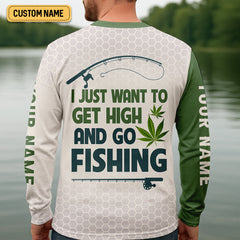Maxcorners I Just Want To Get High And Go Fishing Largemouth Bass Fishing SPF Shirt For Men, Funny Fishing Shirt