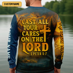Maxcorners Cast All Your Cares On The Lord Christian Fishing SPF Shirt For Men, Fisherman Gift, Men's Fishing Shirt