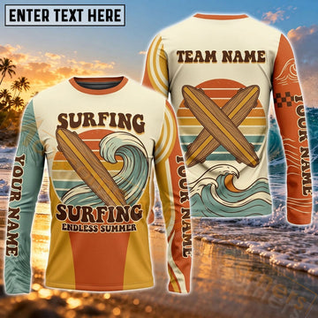 Maxcorners Surfing Surfboard Graphic & Tropical Beach Wave Art Customized Name, Team Name 3D Long Sleeve Shirt