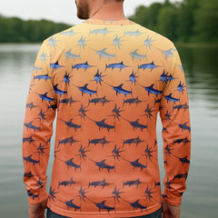 Maxcorners Swordfish Pattern Orange Fishing Shirt, Cute Fishing Outfits, SPF Shirt For Men, Men's Fishing Shirt