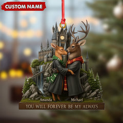 Maxcorners Personalized Wizard Castle Deer Couple Ornament, Custom Name Fantasy Lovers Christmas Gift, Magic School Romance Tree Decoration