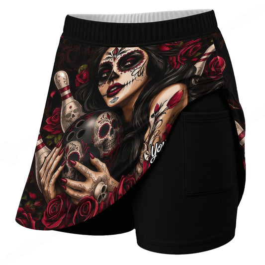 Maxcorners Customized Bowling Trouser Skirts With Shorts Underneath, Bowling Sugar Skull Women With Pockets