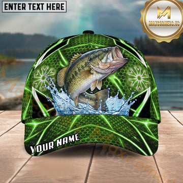 Maxcorners Fishing Green Neon Honeycomb Water Splash Personalized Name 3D Cap (12 Fish Species)
