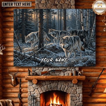 Maxcorners Wolf Hunting Wolf Pack Snowy Pine Forest Winter Wildlife Scene Canvas Wall Art
