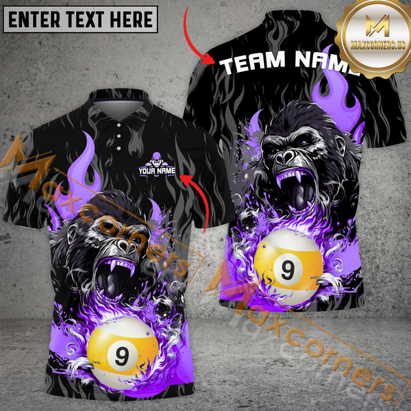 Maxcorners Custom Pool Team Jersey Shirt, Fierce Gorilla With Flaming 9-Ball Personalization Name And Team Name