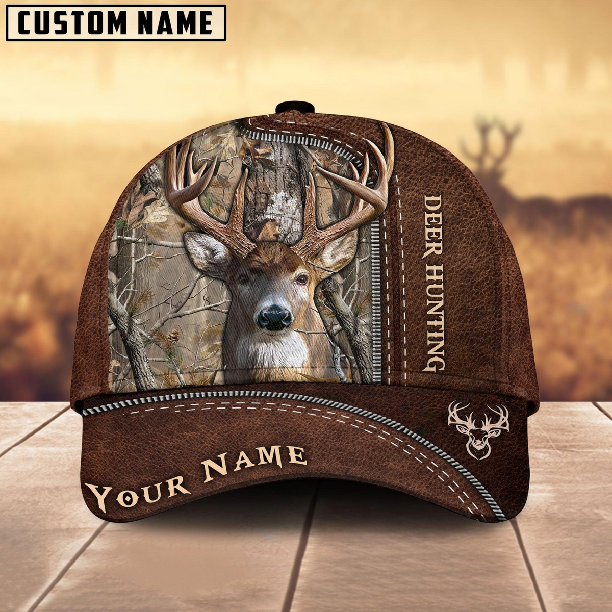 Maxcorners Deer Hunting Brown Leather Pattern Mutilcolored Personalized Name 3D Cap