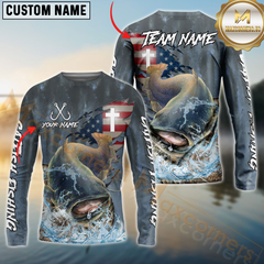 Maxcorners Catfish Fishing American Flag Camo Cross Skin Pattern Sun Protection Personalized Name, Team Name Long Sleeve Shirt
