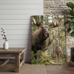Maxcorners Funny Moose Deer Canvas Wall Art - Forest Family Photobomb Humor