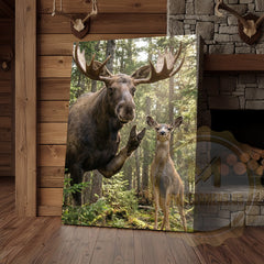 Maxcorners Funny Moose Deer Canvas Wall Art - Forest Family Photobomb Humor