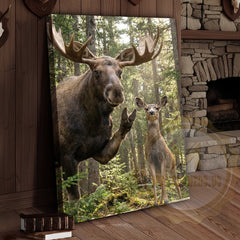 Maxcorners Funny Moose Deer Canvas Wall Art - Forest Family Photobomb Humor