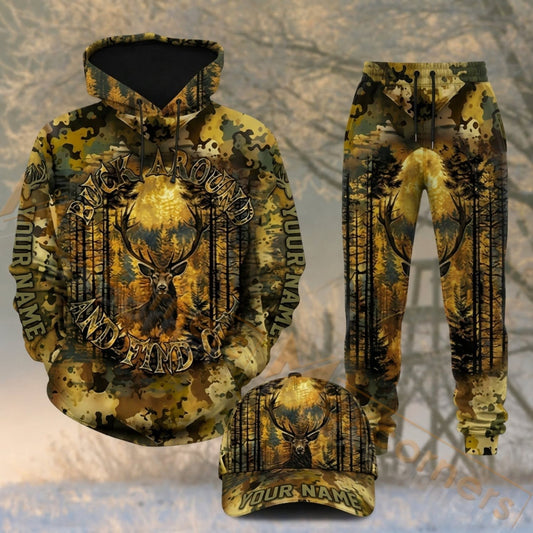 Maxcorners Hunting Whitetail Buck Golden Forest Camouflage Personalized 3D Combo Hoodie, Sweatpants Set & Cap