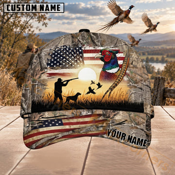 Maxcorners Upland Bird Hunting American Flag Hunter Dog & Pheasant Personalized Name 3D Cap