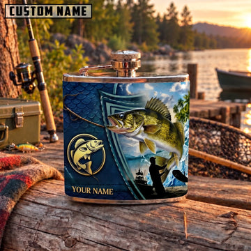 Maxcorners Fishing Largemouth Bass Compass Outdoor Design Personalized Name 3D Hip Flask