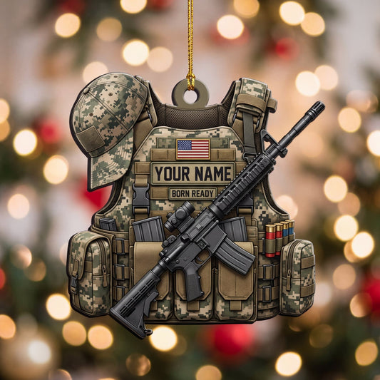 Maxcorners Military Woodland Camo Helmet Tactical Vest And Rifle Personalized Name 3D Keychain And Ornament