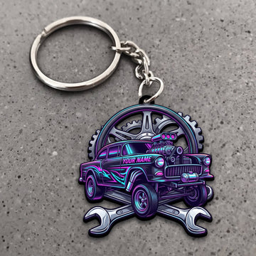Maxcorners Hot Rod Purple Classic Coupe with Crossed Wrenches and Gear Frame Personalized Name 3D Keychain And Ornament