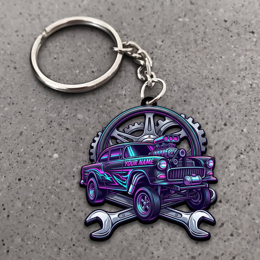 Maxcorners Hot Rod Purple Classic Coupe with Crossed Wrenches and Gear Frame Personalized Name 3D Keychain And Ornament
