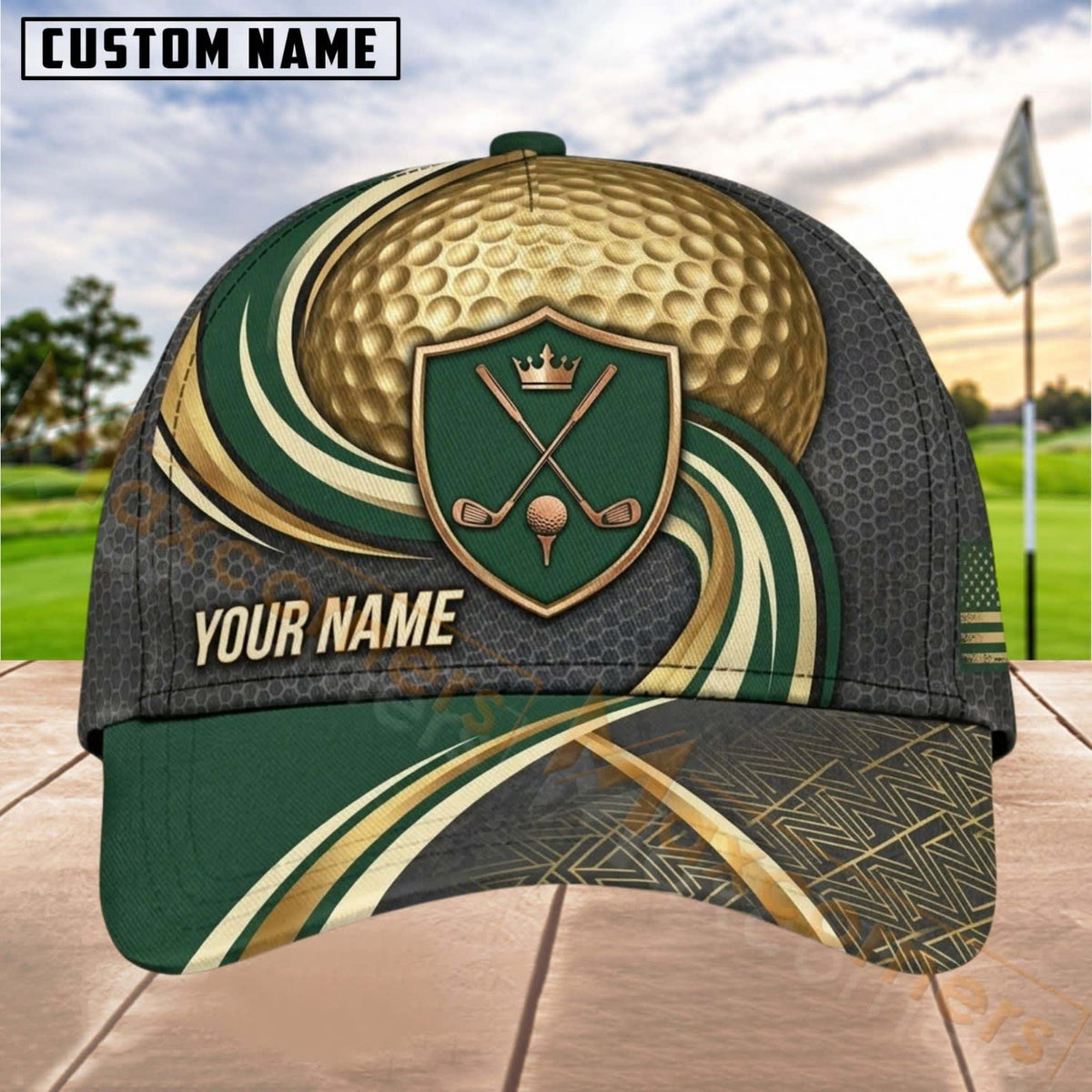 Maxcorners Golf Shield Clubs Gold Wave Personalized Name 3D Cap (6 Colors)