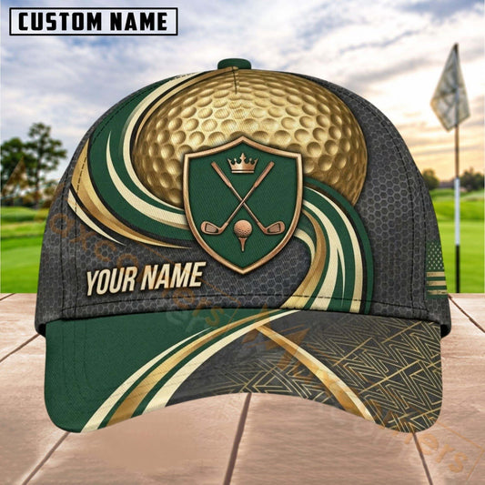 Maxcorners Golf Shield Clubs Gold Wave Personalized Name 3D Cap (6 Colors)
