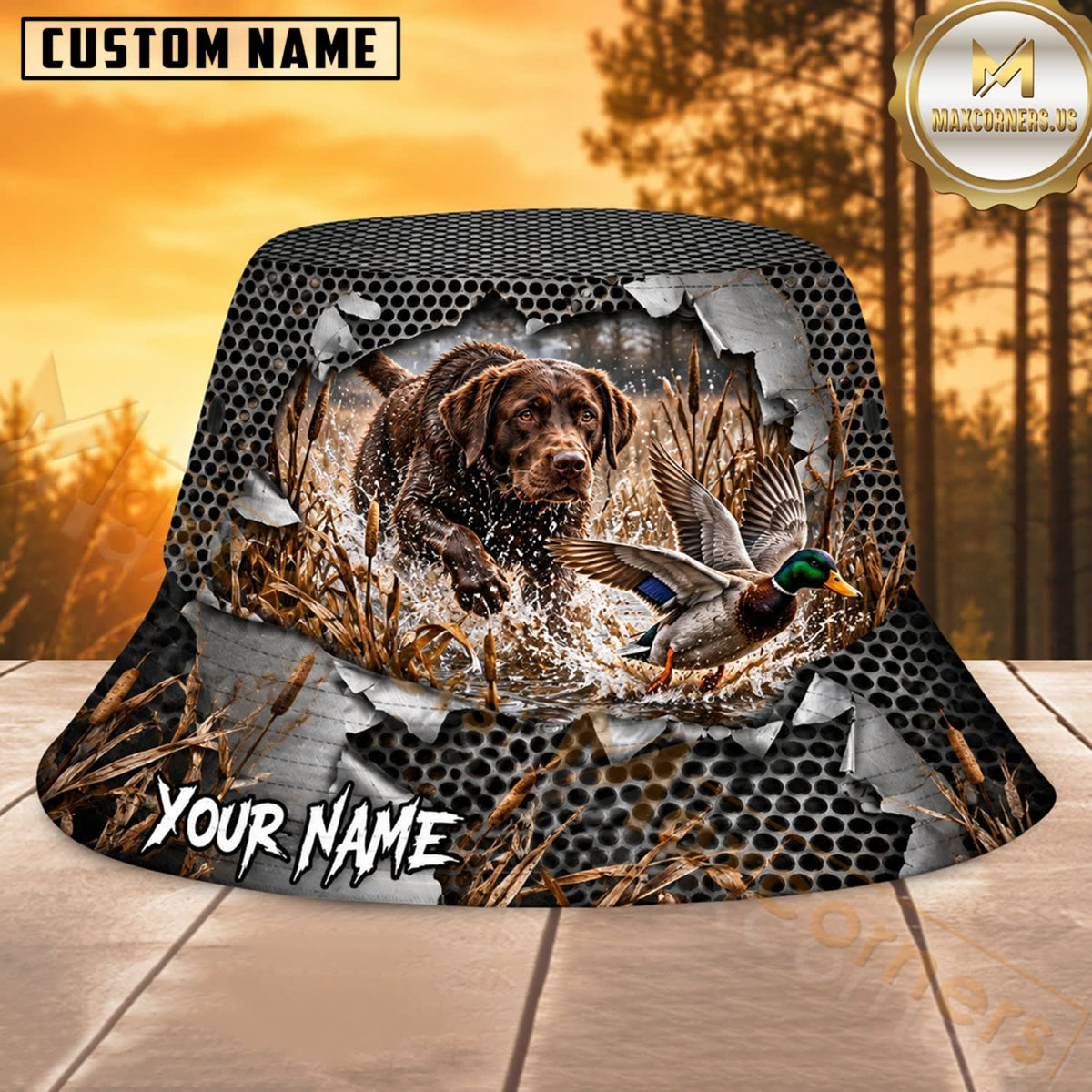 Maxcorners Wild Boar Hunting Black Carbon Camo Personalized Name 3D Bucket Hat