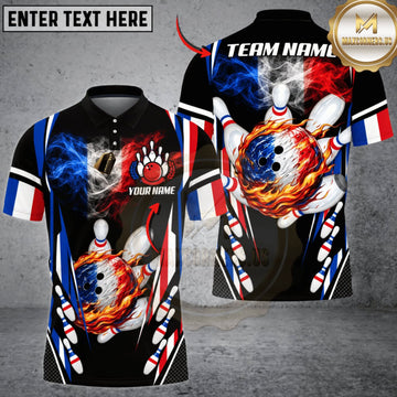 Maxcorners Bowling France Flag Blue Fire Dragon Personalized Name 3D Unisex Shirt