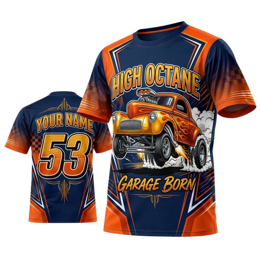 Maxcorners Personalized Car Classic Muscle Car 3D T-Shirt – High Octane Orange Blue Garage Born