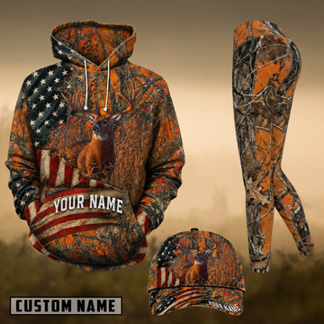 Maxcorners Hunting Whitetail Deer American Flag Camo Personalized 3D Combo Hoodie, Legging Set & Cap