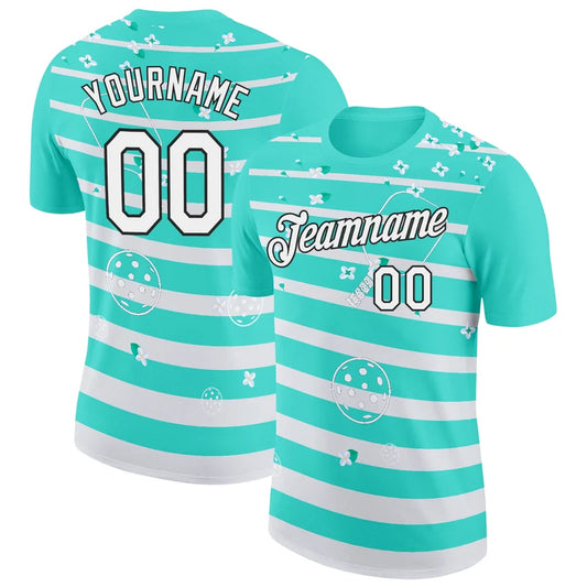 Maxcorners Pickleball Paddle Ball Aqua Teal White Horizontal Stripes Floral Personalized Name 3D Unisex Shirt